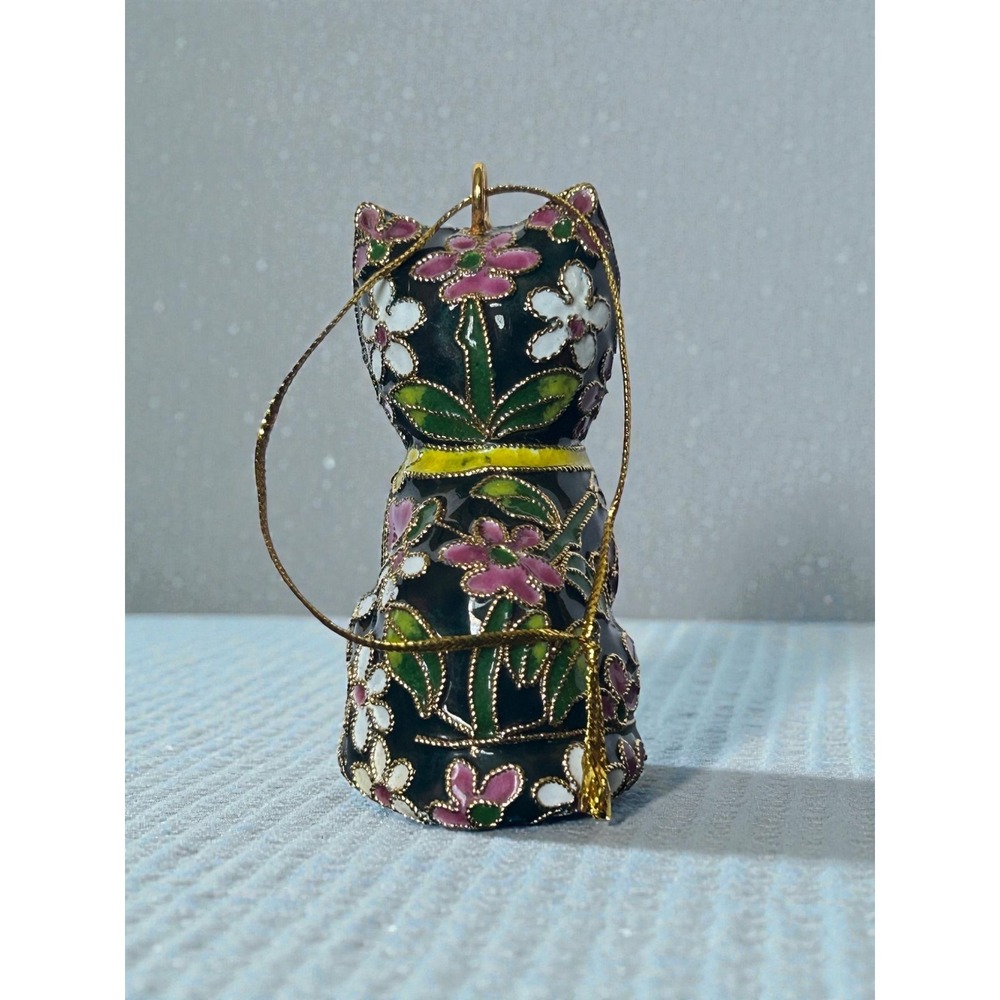Vintage Cloisonne Enamel Cat Ornament Black Floral Gold Wire Filigree Figurine - Picture 4 of 6